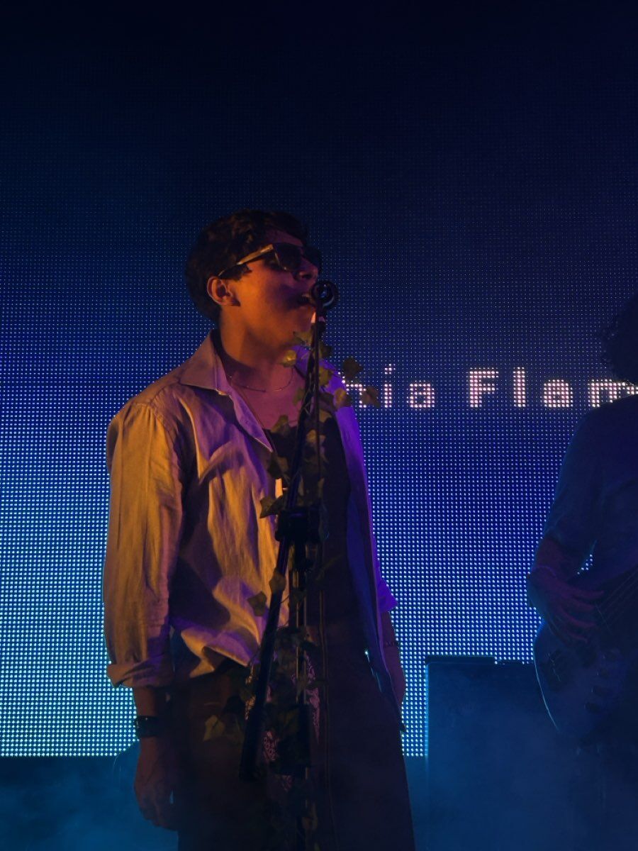 El vocalista al micrófono frente a la pantalla del escenario